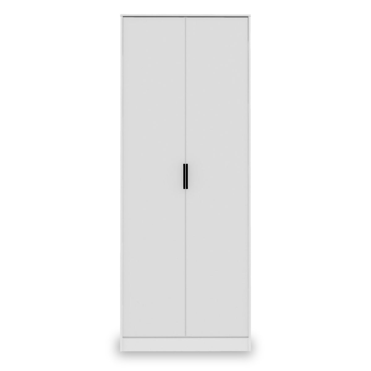 A white two-door wardrobe stands closed against a plain backdrop, with simple black handles on one door.