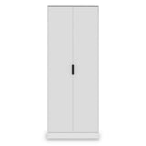 A white two-door wardrobe stands closed against a plain backdrop, with simple black handles on one door.