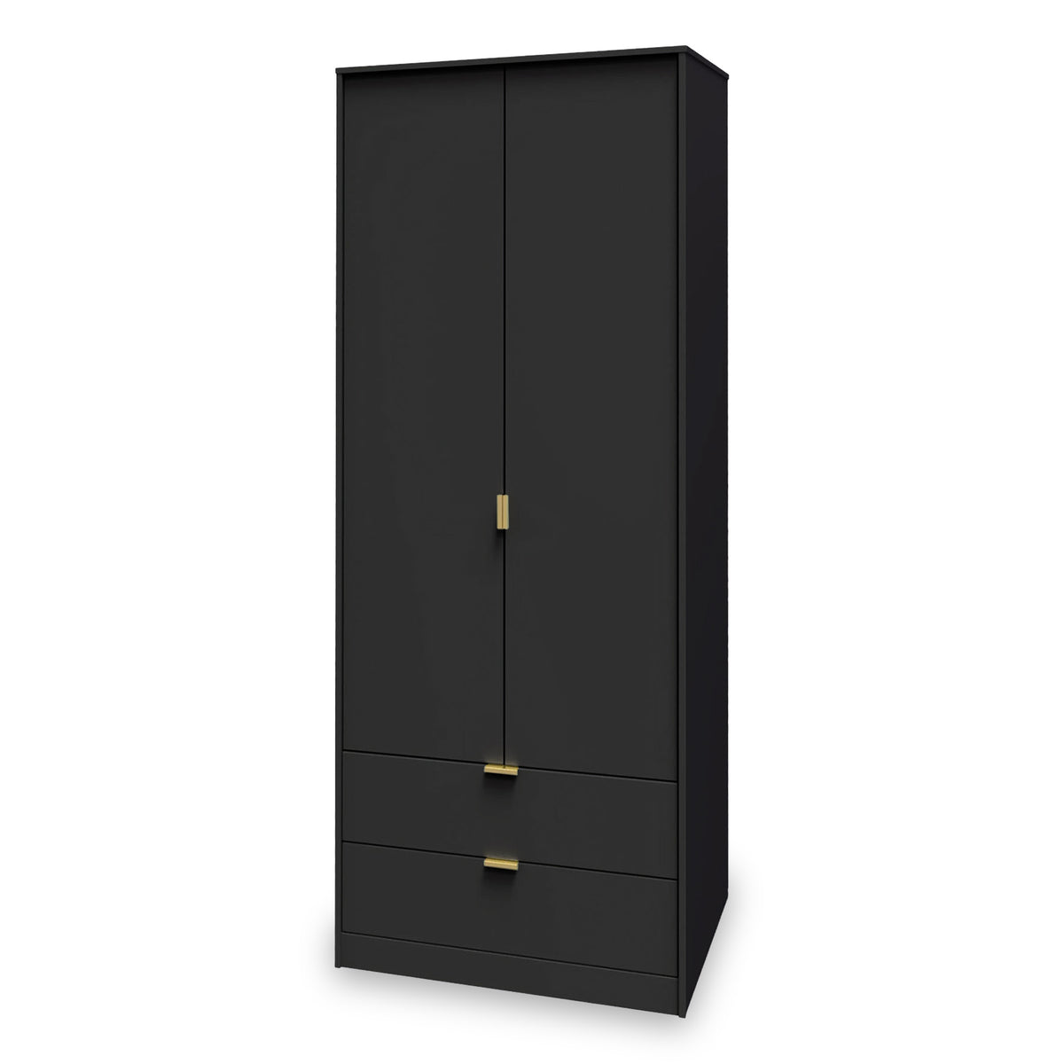 A tall black wardrobe with two doors and two lower drawers, featuring gold-colored handles, stands against a plain white background.