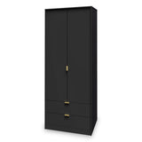 A tall black wardrobe with two doors and two lower drawers, featuring gold-colored handles, stands against a plain white background.