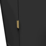A sleek black surface with a gold handle, likely a modern cabinet door, set against a dark background offering a minimalist aesthetic.