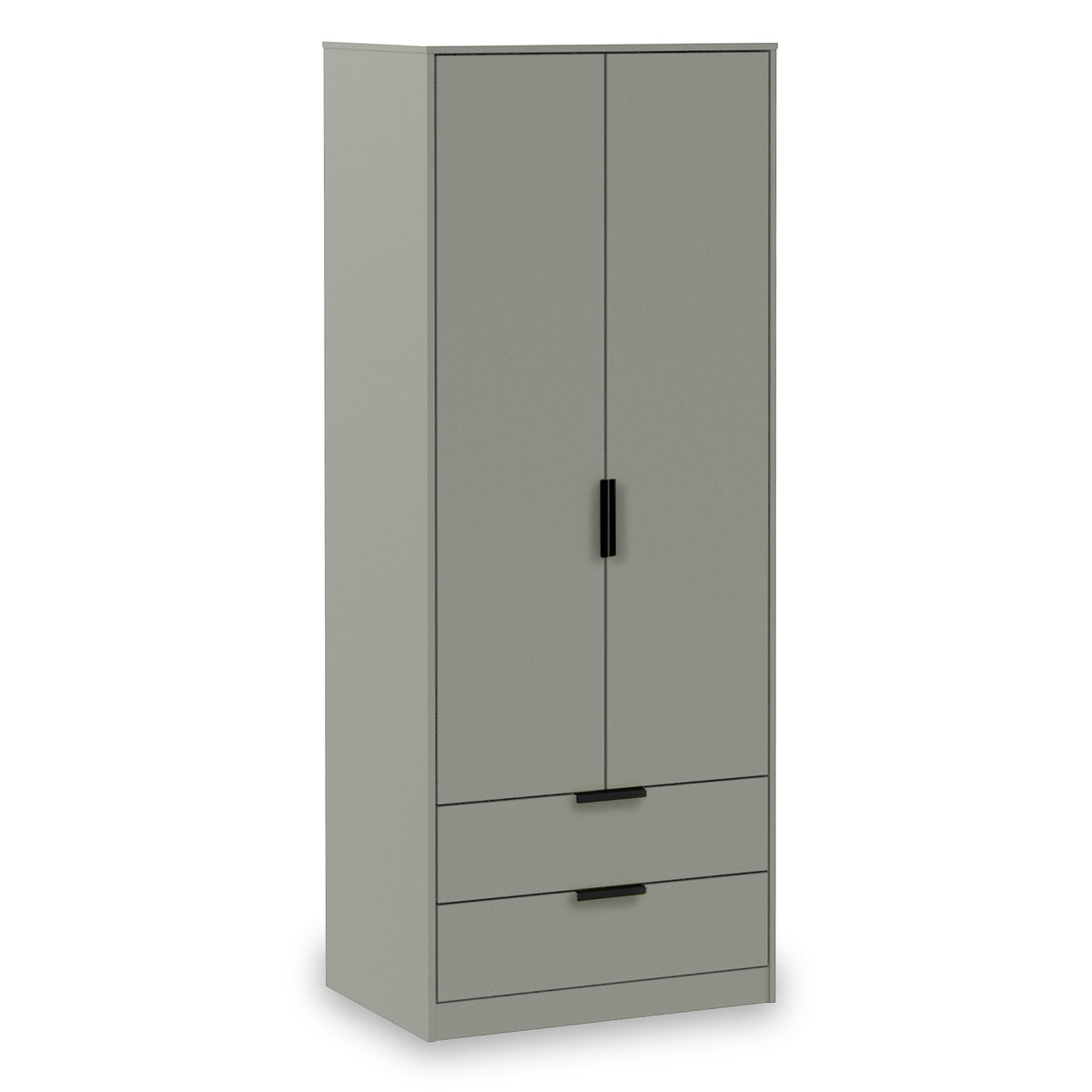 A grey wardrobe with two doors above and two drawers below, against a plain background.