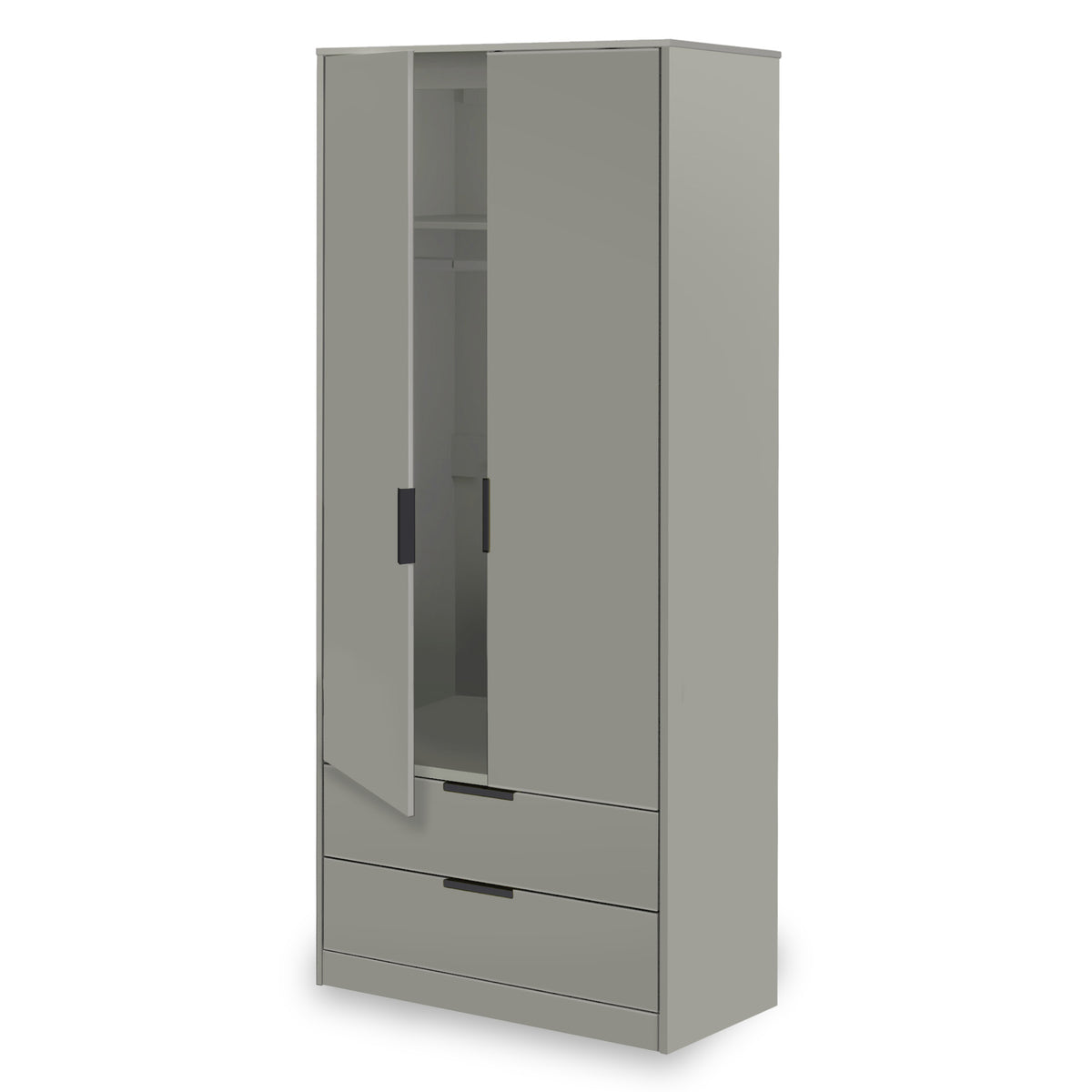 A gray wardrobe with a glass door and two lower drawers stands isolated against a white background.