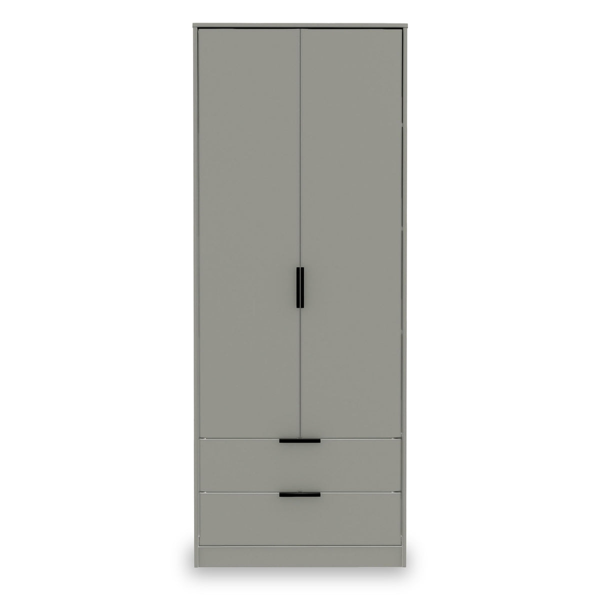 A tall gray wardrobe with two doors above and two drawers below, standing against a plain background.