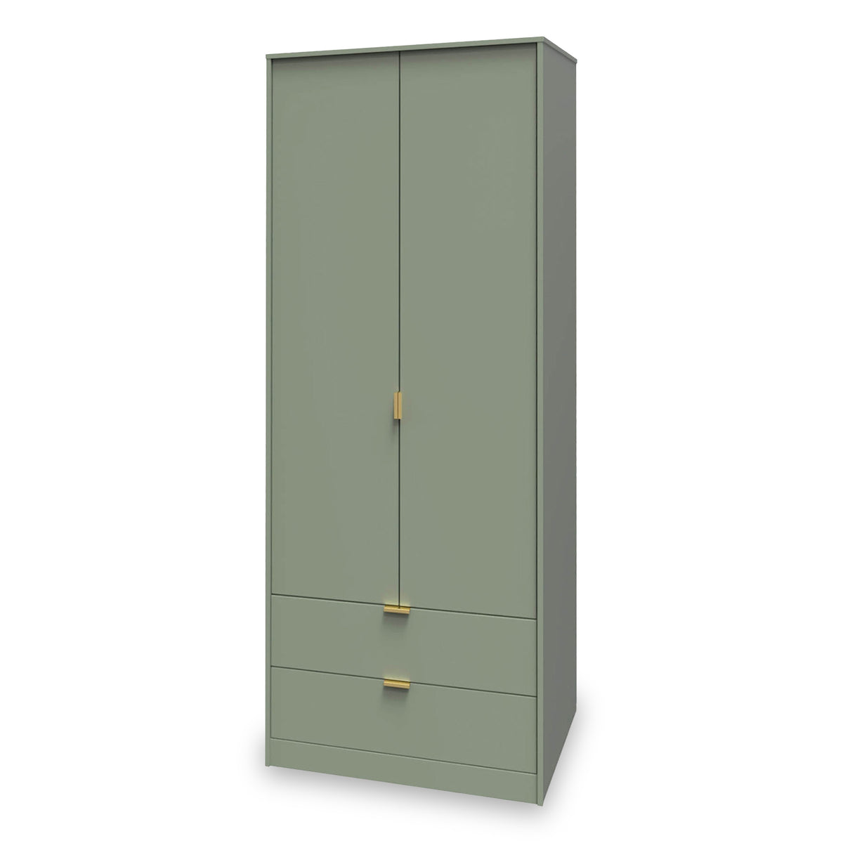 A tall green wardrobe with two doors above and two drawers below, featuring golden handles, stands against a plain white background.
