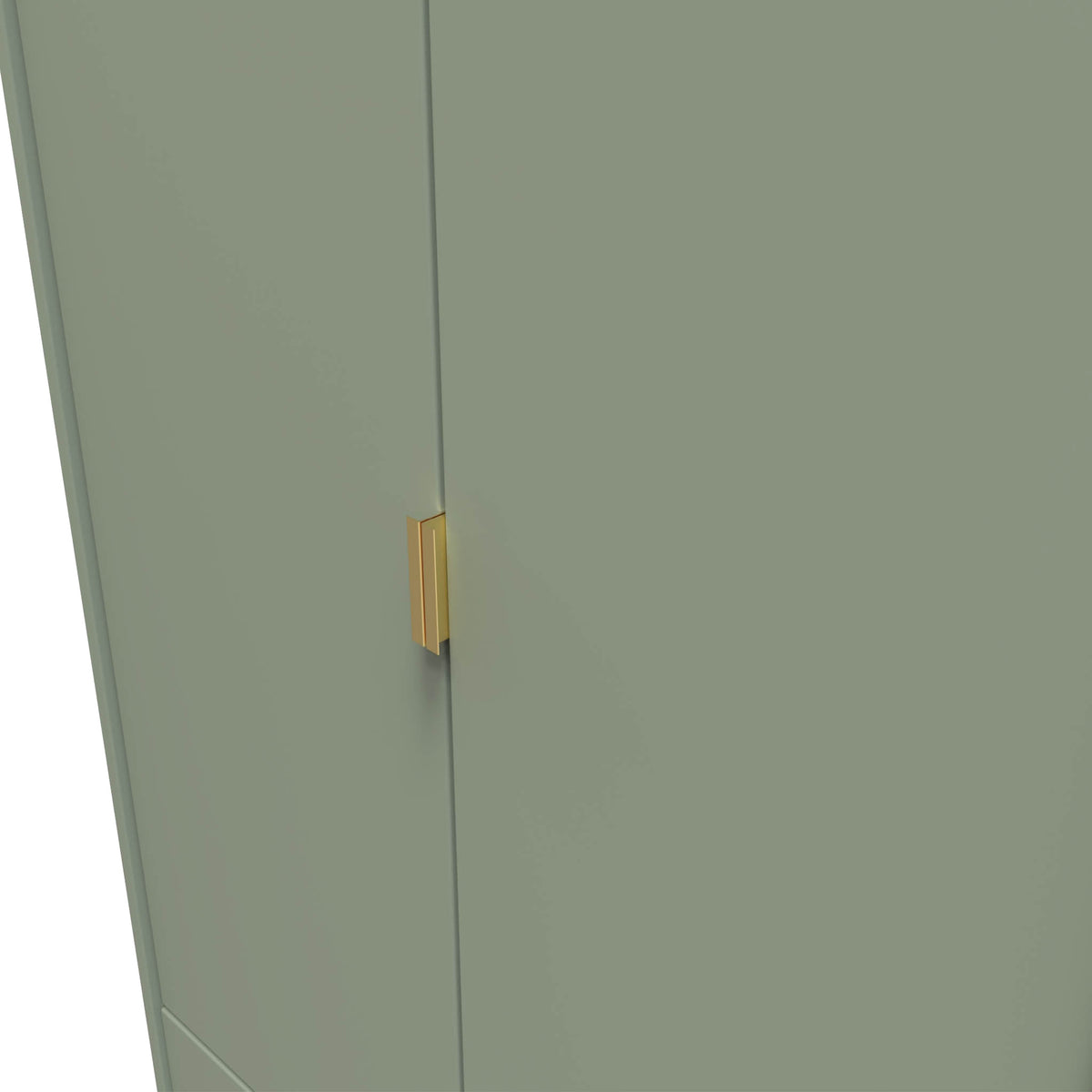 A closed green cabinet with a vertical golden handle is set against a plain background.