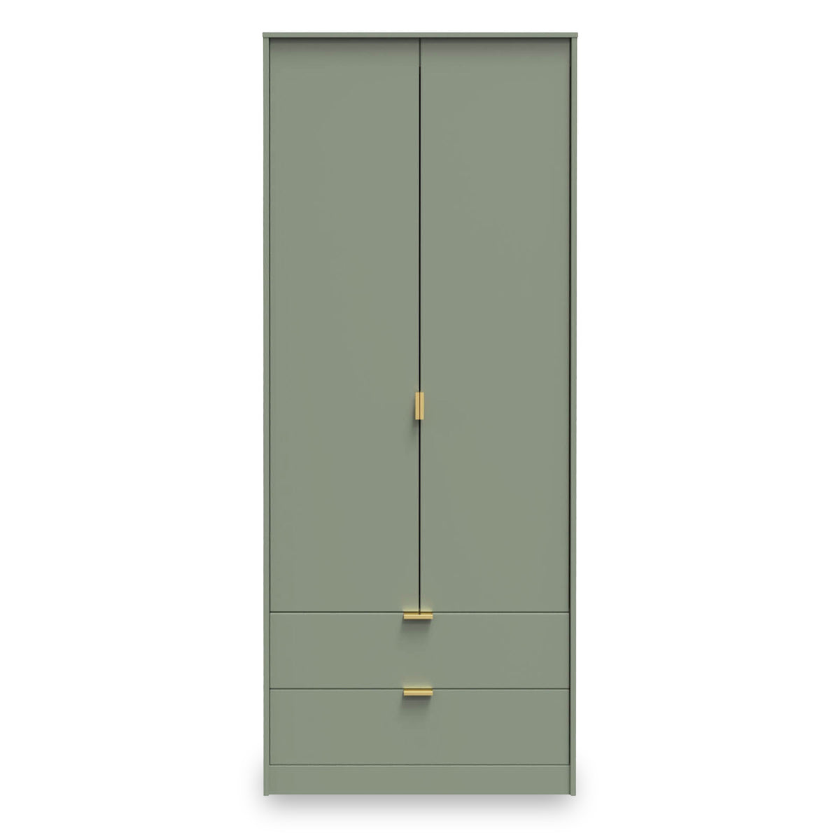 A tall olive green wardrobe with a smooth finish, featuring golden handles on its doors and drawers, stands against a plain, light background.