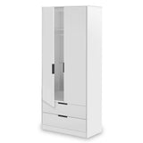 A white wardrobe with partially open doors stands stationary, revealing shelves and a hanging section against a plain background. Two drawers are closed at the bottom.