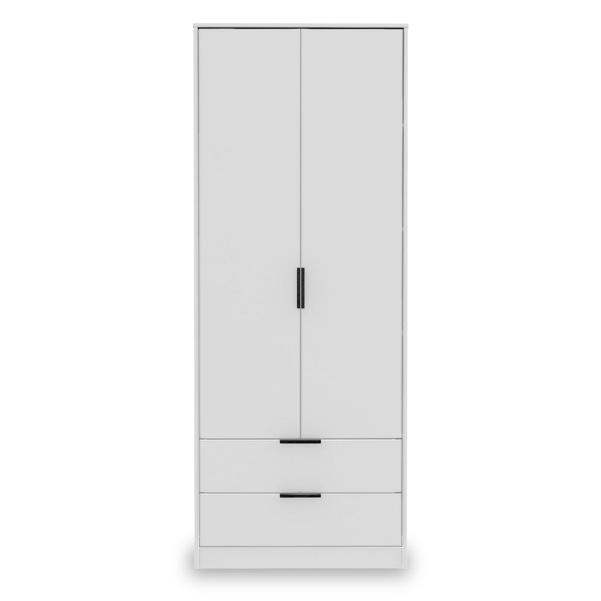 A tall, white freestanding wardrobe with two doors above and two drawers below, against a plain background.