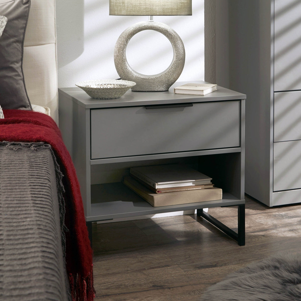 Hudson Grey 1 Drawer with open shelf side table for living room
