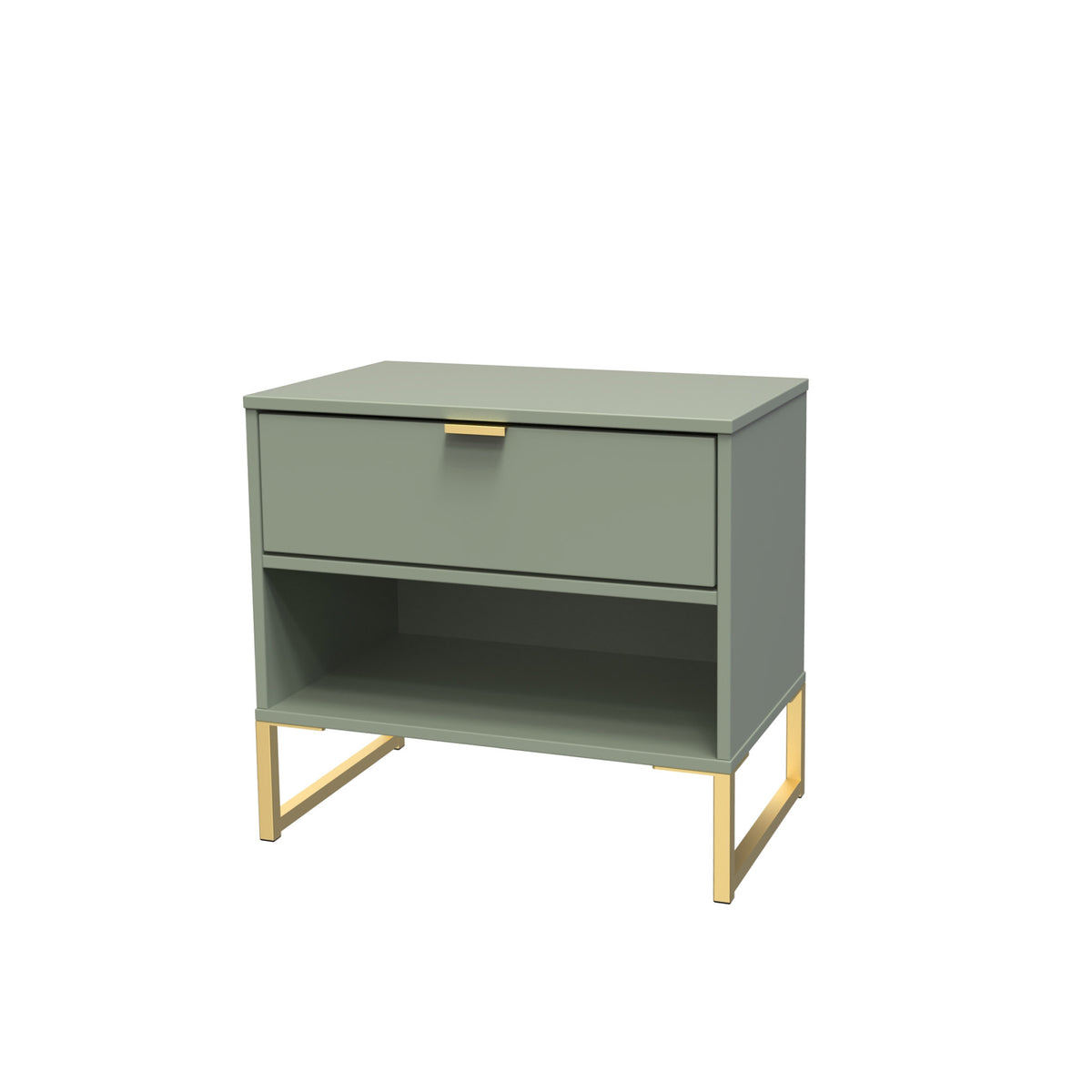 Hudson Olive 1 Drawer with open shelf side table with gold legs