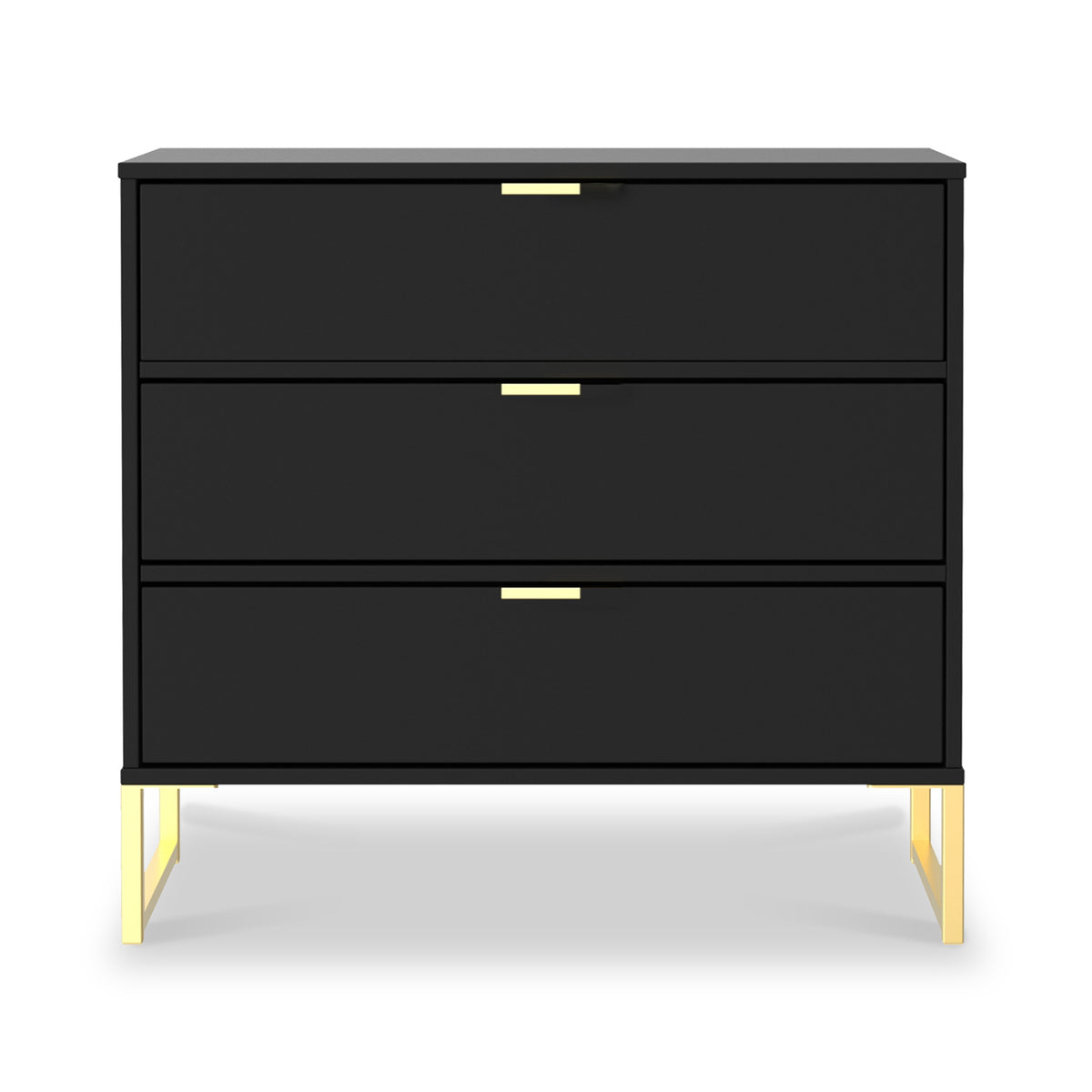 A black three-drawer dresser with gold handles and legs, isolated on a white background.