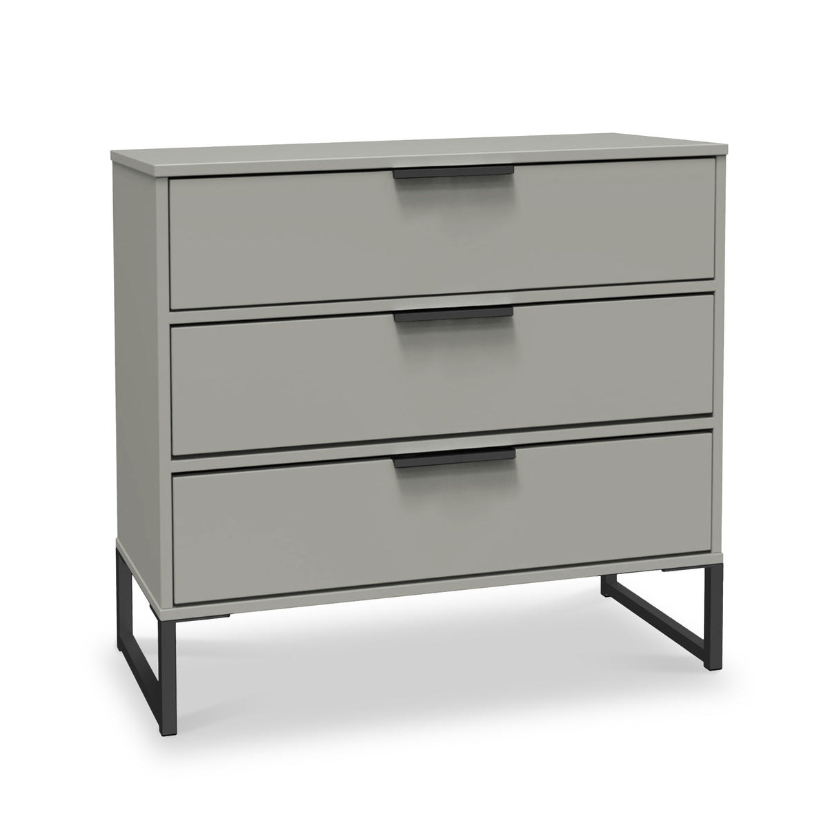 A gray three-drawer dresser with black handles and legs, isolated on a white background.