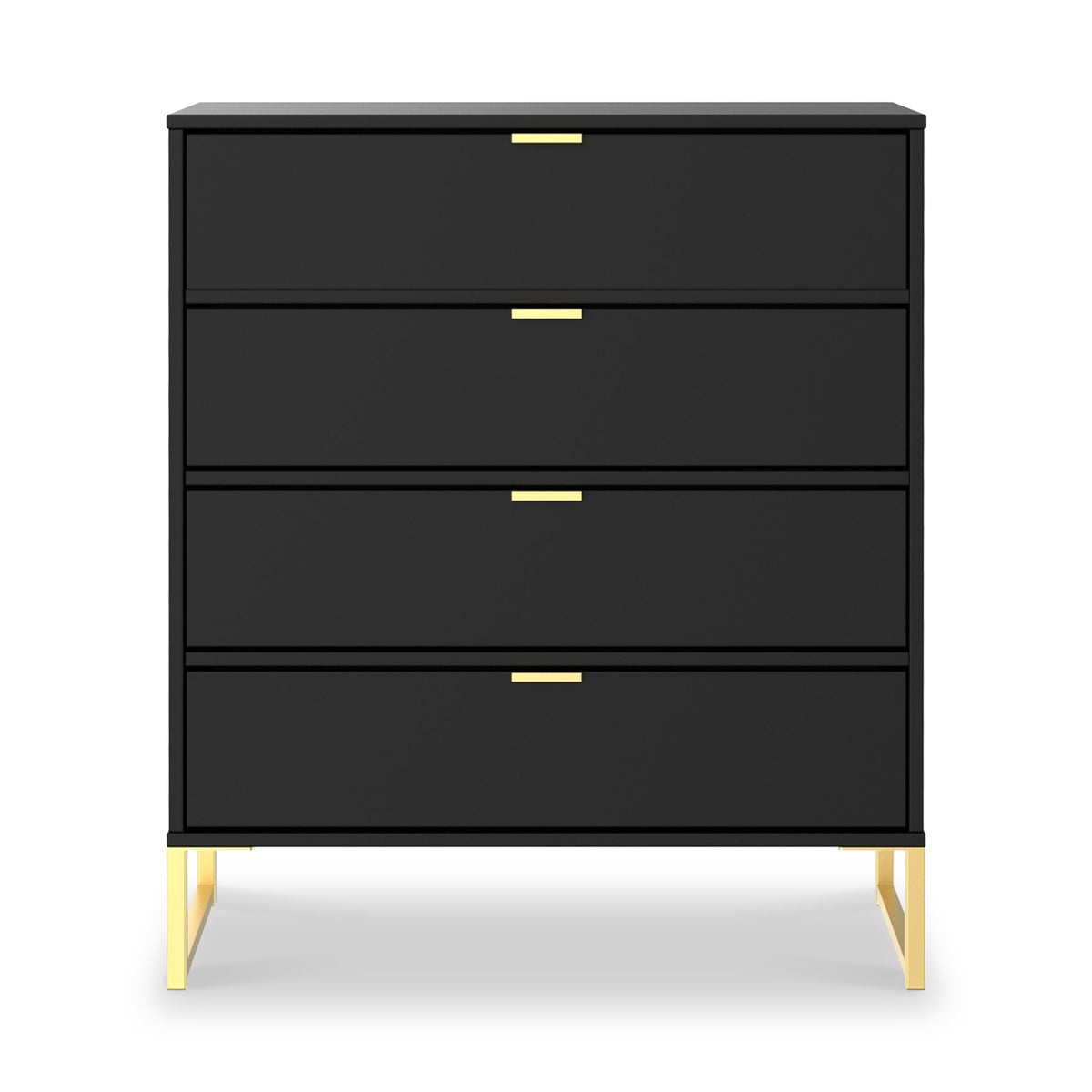 A black, four-drawer dresser with gold handles stands against a white background, supported by angled, light wood legs.