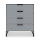 A gray four-drawer dresser with black handles stands isolated against a white background. The dresser has a simple, modern design with slender legs.