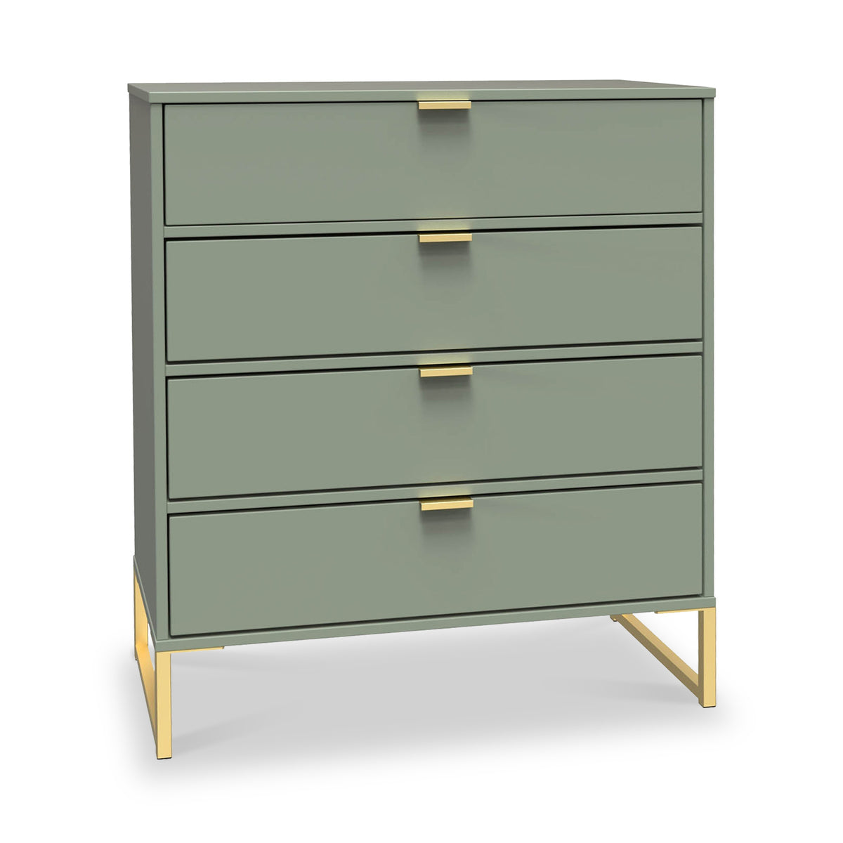 A green four-drawer dresser with gold handles and legs against a white background. The dresser is stationary with no visible action or context beyond its presentation.