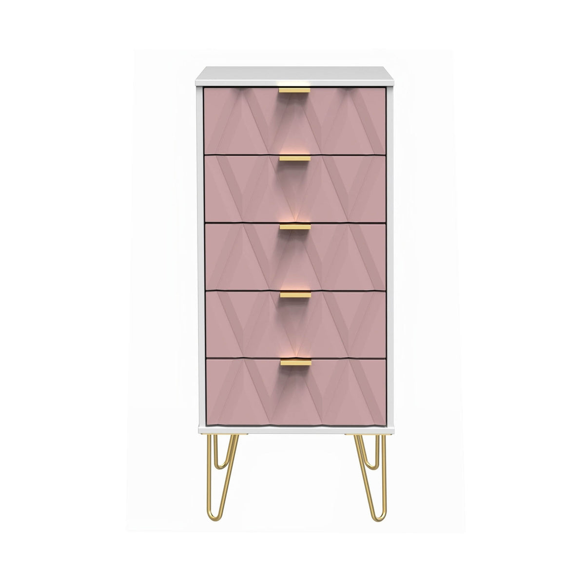 Geo white and pink slim 5 drawer tallboy chest from roseland
