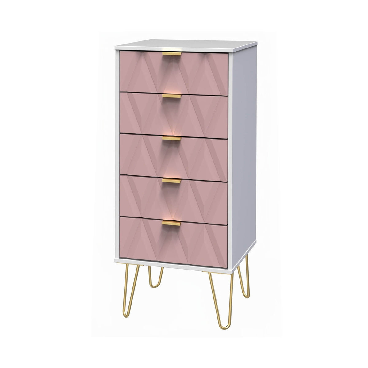 Geo white and pink contemporary slim 5 drawer tallboy chest
