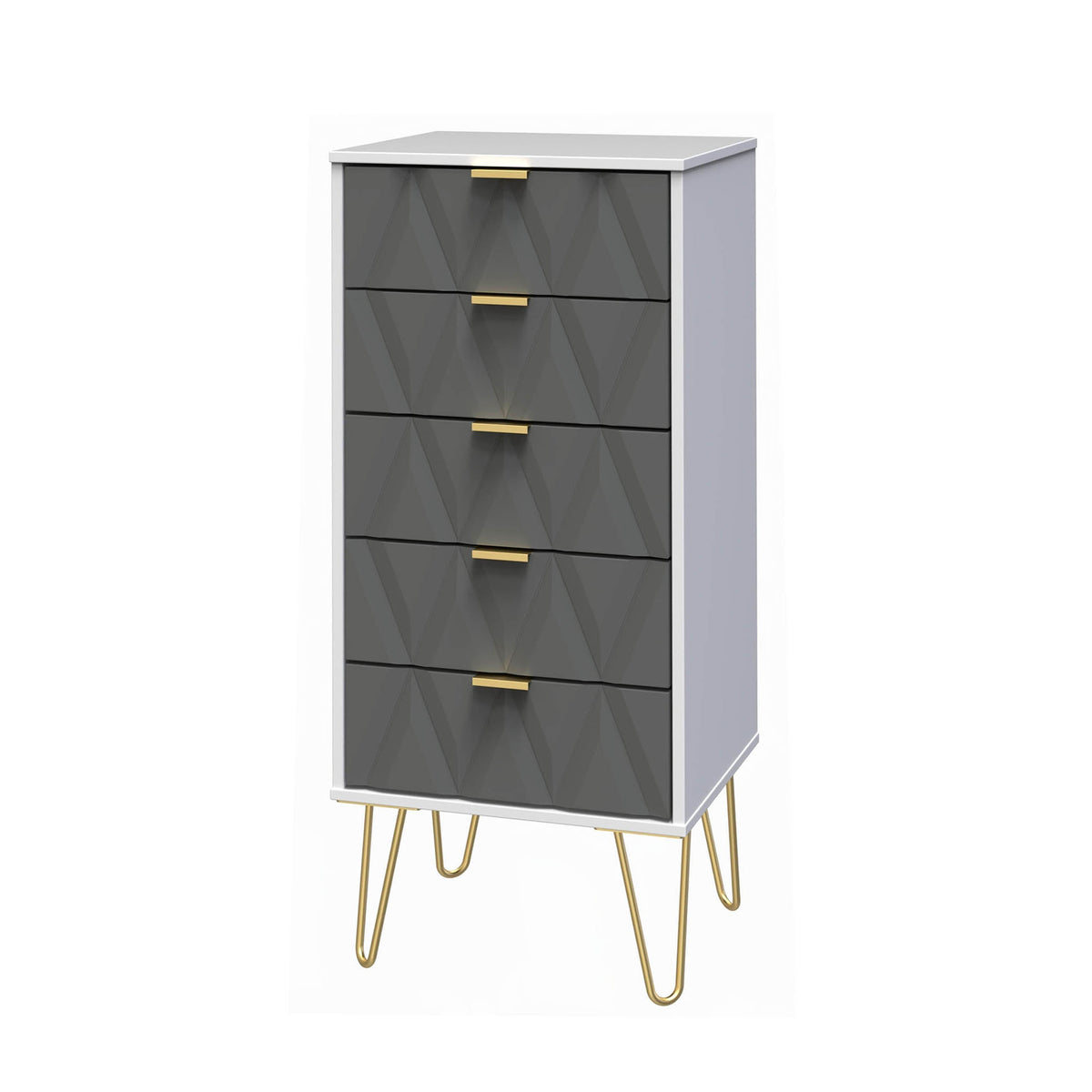 Geo white and grey contemporary slim 5 drawer tallboy chest