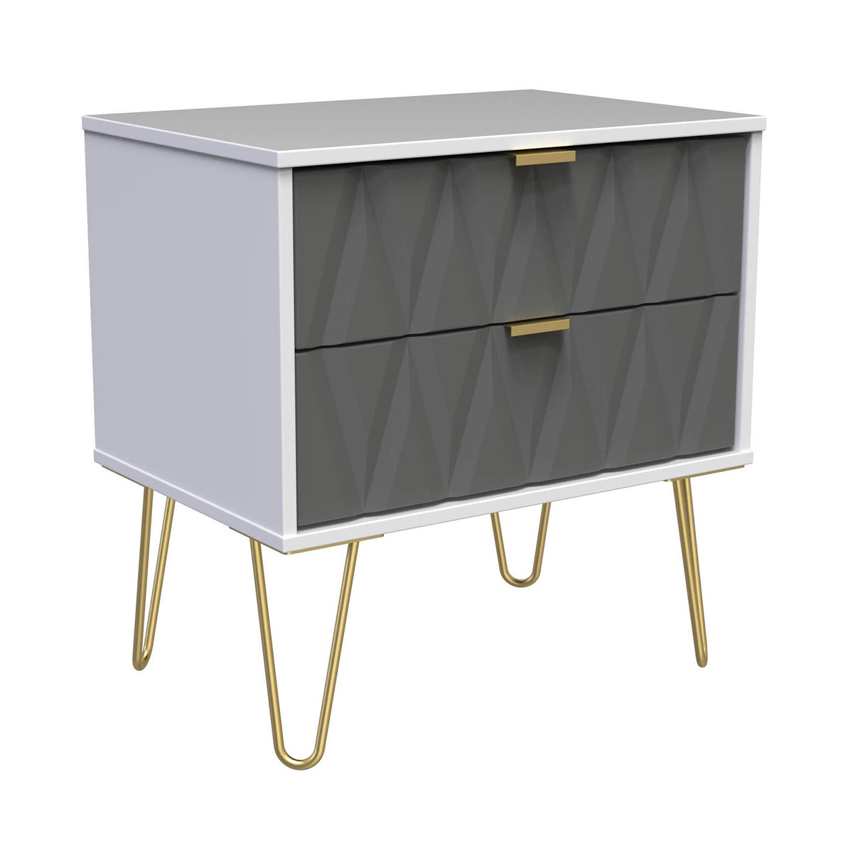 A modern gray and white dresser with geometric patterned drawers and brass handles stands on slender gold-colored metal legs, isolated against a white background.