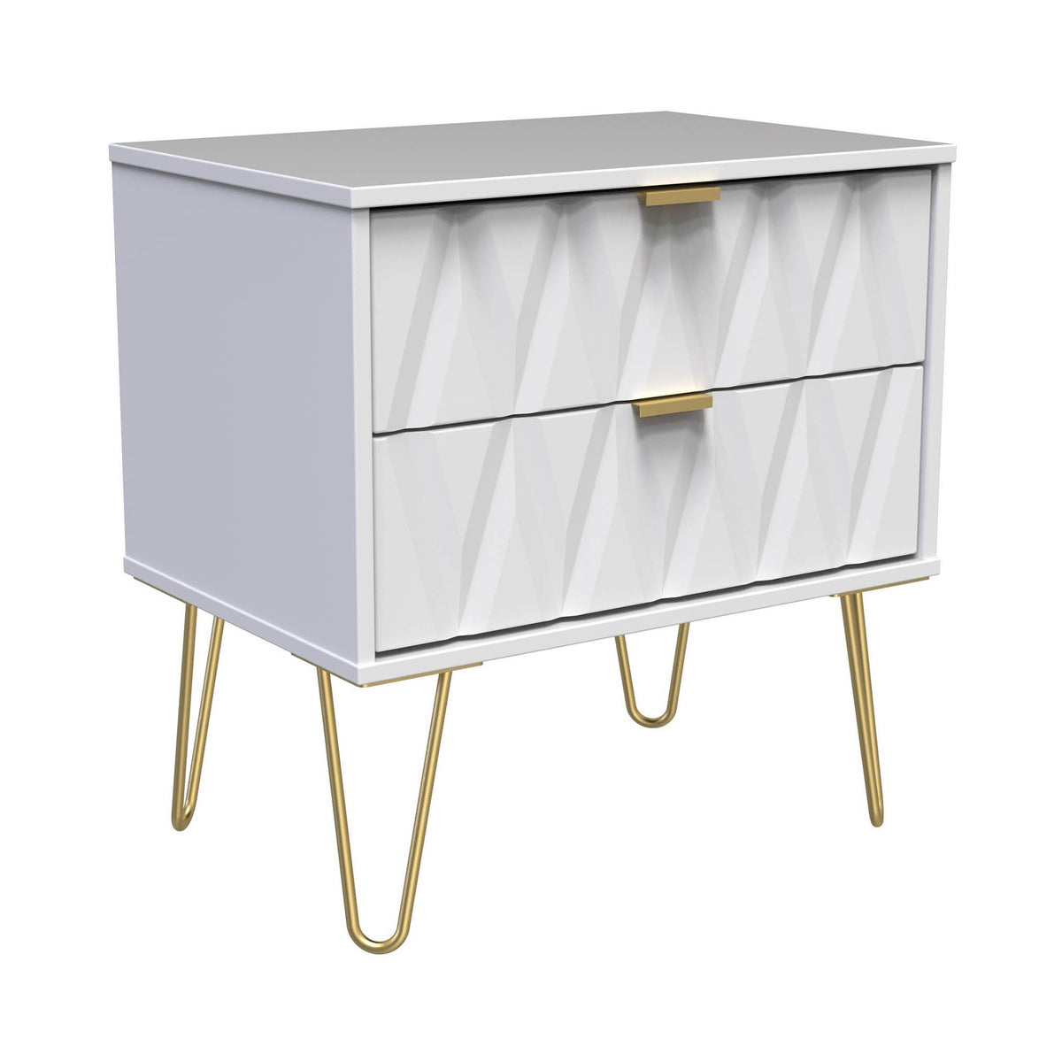 A white modern dresser with a geometric pattern stands on four angled, gold legs, with a single gold handle on a drawer; the object is isolated on a white background.