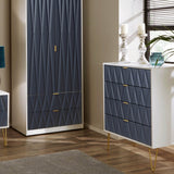 Geo white and navy 4 drawer chest with gold hair pins legs for bedroom