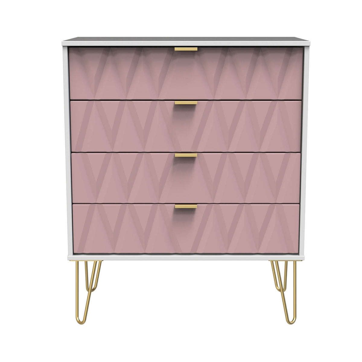 Geo white and pink 4 drawer chest with gold hair pins legs from roseland
