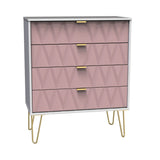 A pink dresser with a geometric pattern and gold handles stands stationary, supported by slanted gold legs, against a white background.