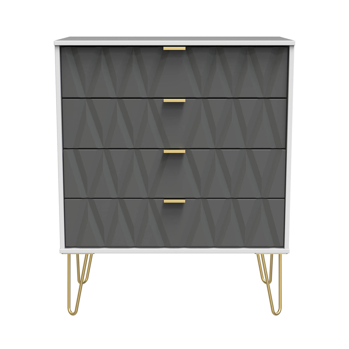 Geo white and grey 4 drawer chest with gold hair pins legs from roseland