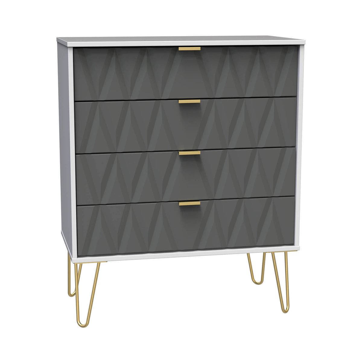 A modern dresser with a geometric pattern and gold-colored handles stands on angled legs, isolated against a white background.
