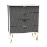 A modern dresser with a geometric pattern and gold-colored handles stands on angled legs, isolated against a white background.