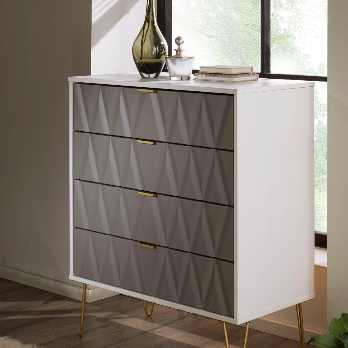Geo white and grey 4 drawer chest with gold hair pins legs for bedroom