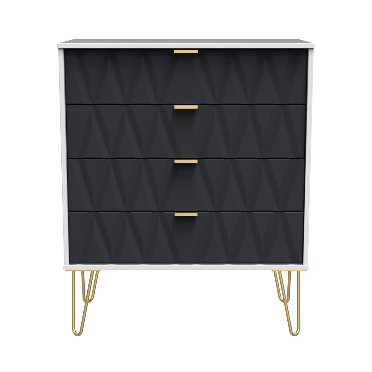 A black chest of drawers with golden handles stands stationary against a white background; it features hairpin legs and a geometric pattern on the drawer fronts.