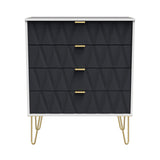 A black chest of drawers with golden handles stands stationary against a white background; it features hairpin legs and a geometric pattern on the drawer fronts.