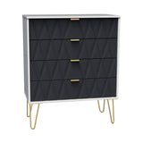 A modern dresser with a geometric black facade, three drawers with gold handles, and slender gold legs is set against a white background.