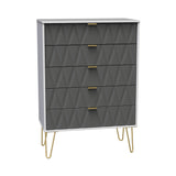 A gray, textured dresser with four drawers and brass handles stands on angled gold legs against a white background.