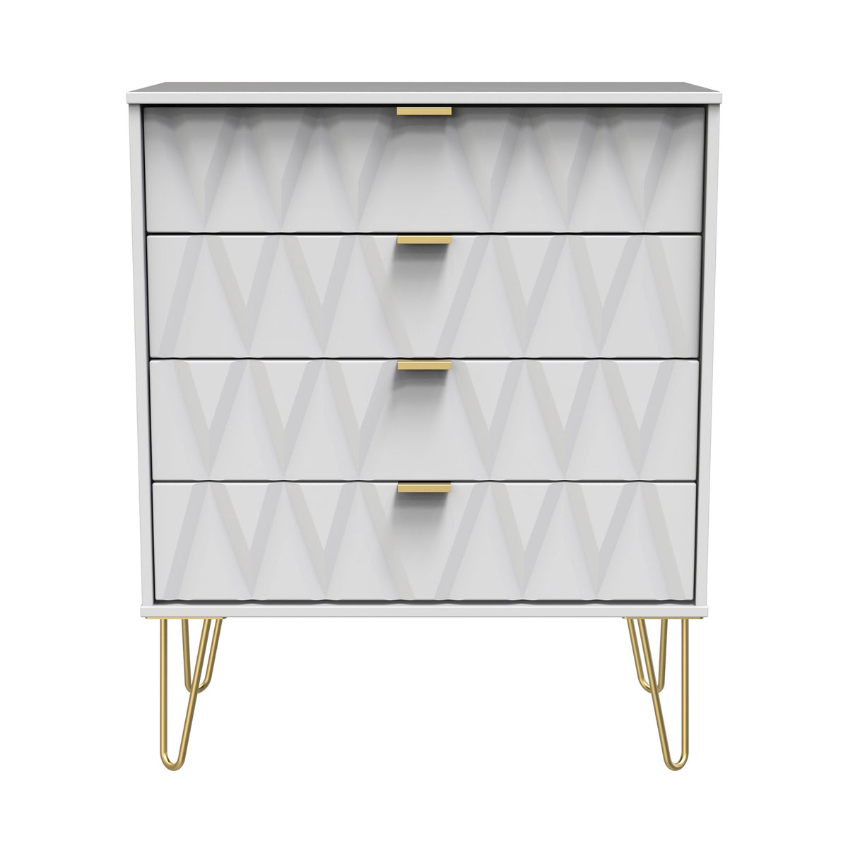 Geo white 4 drawer chest with gold hair pins legs from roseland