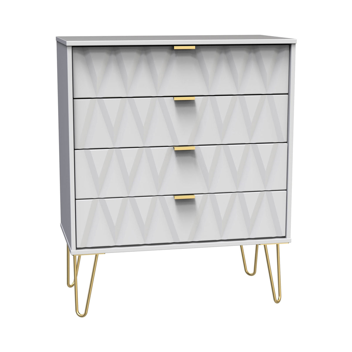 A modern dresser with hairpin golden legs features a geometric pattern and gold handles, isolated against a white background.