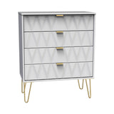 A modern dresser with hairpin golden legs features a geometric pattern and gold handles, isolated against a white background.