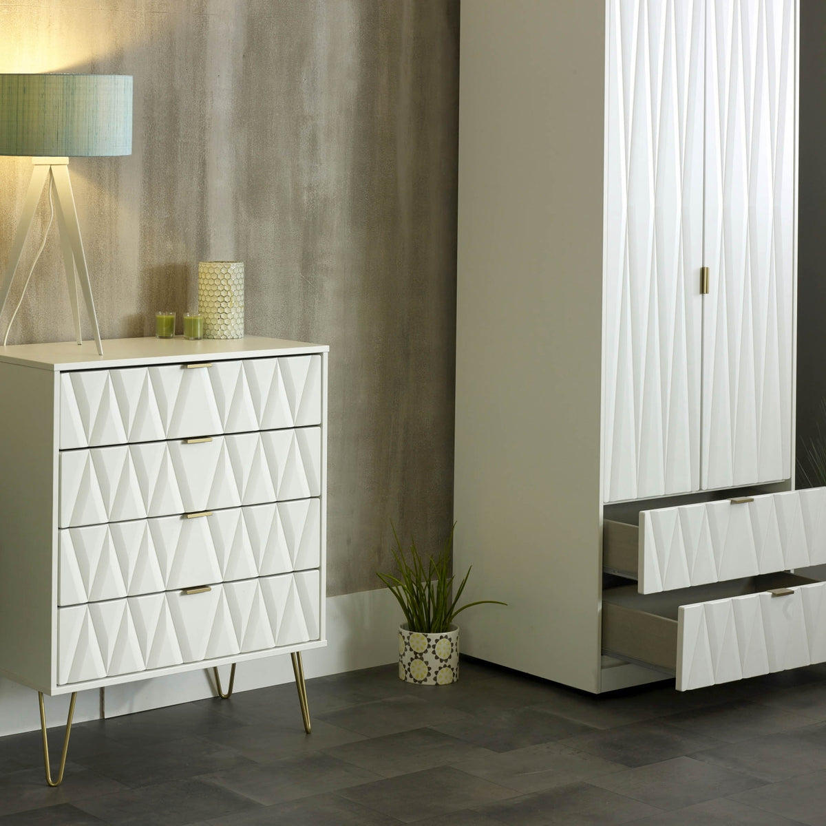 Geo white 4 drawer chest with gold hair pins legs for bedroom