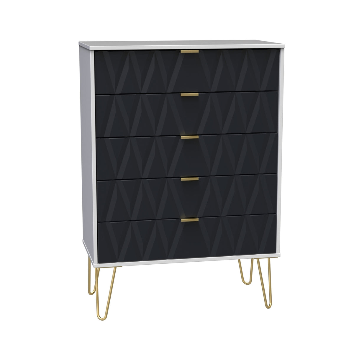 A modern dresser with a geometric textured surface and gold handles stands on elegant, hairpin-style legs, isolated on a white background.