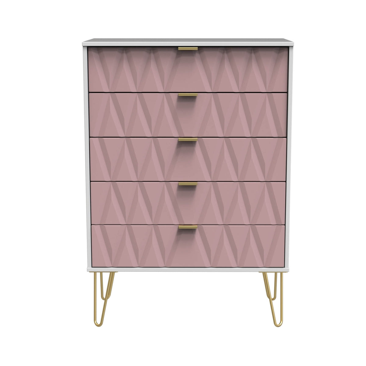 Geo white and pink large 5 drawer chest with gold hair pin legs from roseland