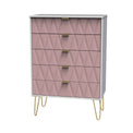 Geo white and pink large 5 drawer contemporary chest with gold hair pin legs