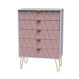 Geo white and pink large 5 drawer contemporary chest with gold hair pin legs
