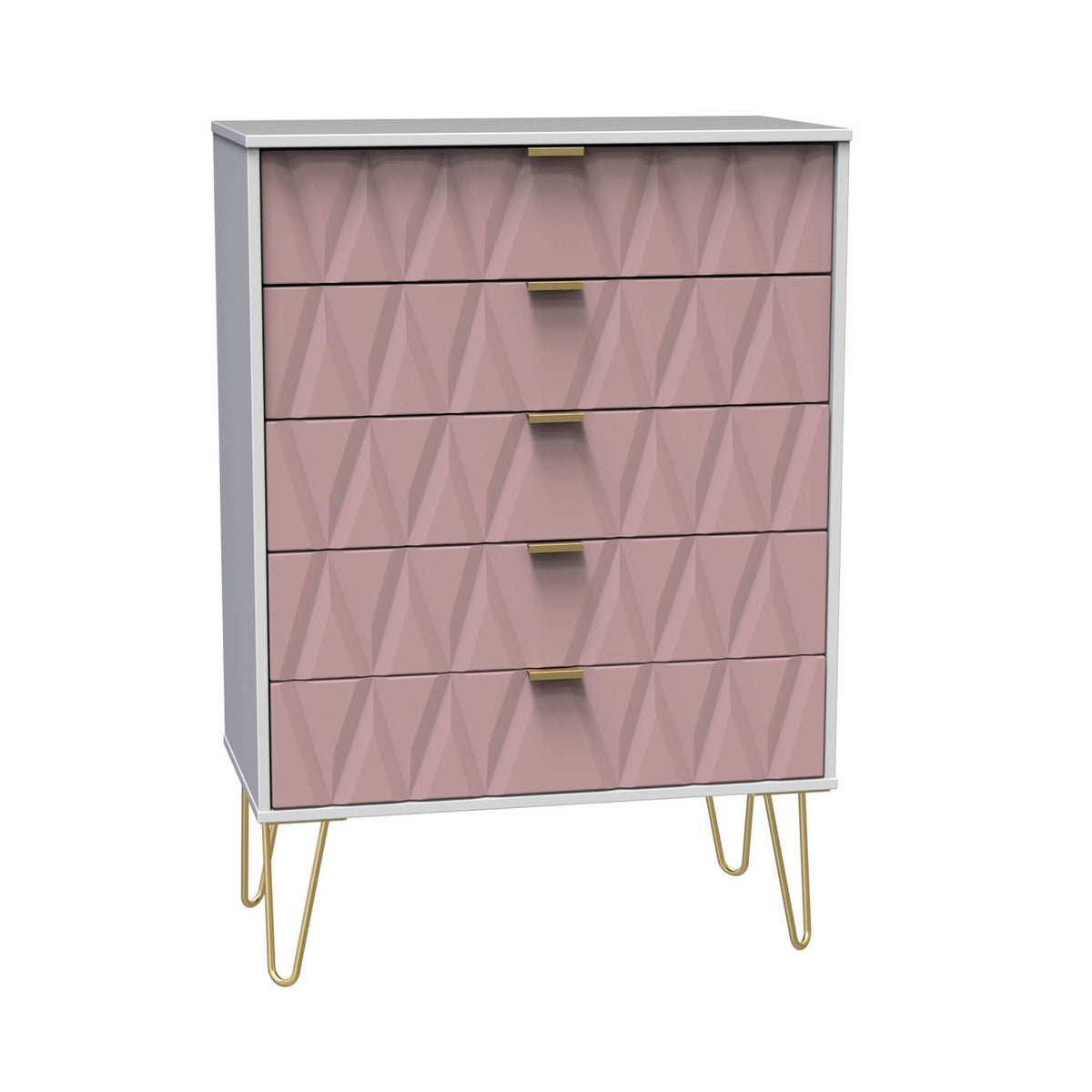 A modern pink dresser with a geometric pattern front and gold handles stands on splayed gold legs against a plain white background.