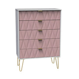 A modern pink dresser with a geometric pattern front and gold handles stands on splayed gold legs against a plain white background.