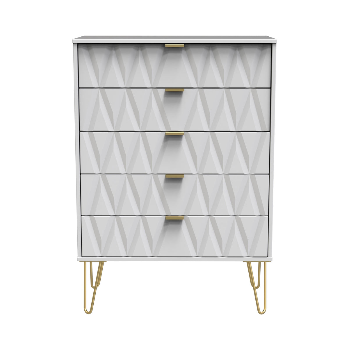 Geo white large 5 drawer chest with gold hair pin legs from roseland