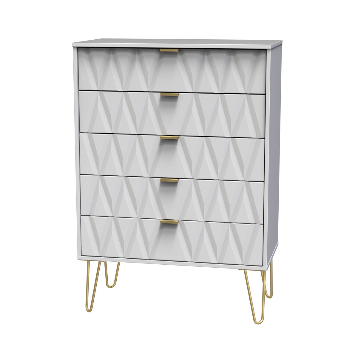 Geo white large 5 drawer contemporary chest with gold hair pin legs