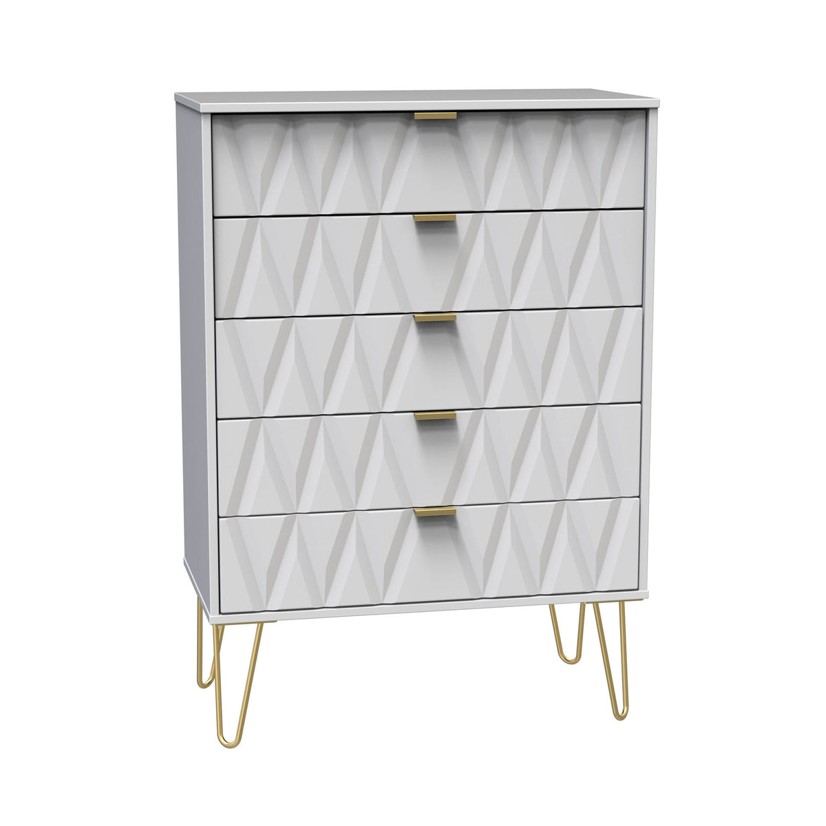 A modern grey dresser with geometric patterned drawers and brass handles, standing on splayed golden legs, isolated against a white background.