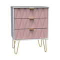 A modern dresser with a textured front, gold handles, and hairpin legs, isolated on a white background.